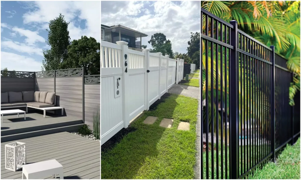 Comparison of WPC fencing, vinyl fencing, and metal fencing options for Canadian residential privacy fence exterior renovation projects, showing different fence styles and materials.