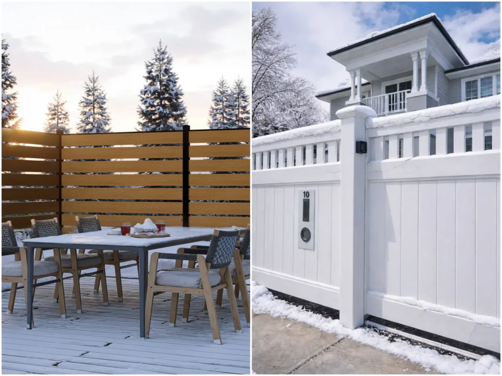 Side-by-side comparison of WPC fencing and vinyl fencing for Canadian residential privacy fence projects, showcasing material durability, appearance and structural stability differences in Canadian climate conditions.