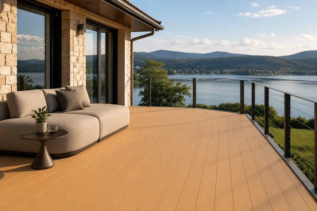 Beige WPC decking installed on a modern villa terrace with lake views for a premium outdoor living solution.