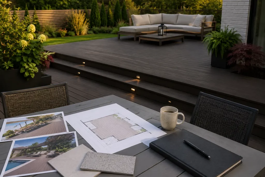 A finished composite deck with design plans, project photos, and material samples on a table, showing how homeowners can compare composite decking quotes by project scope and long-term value.