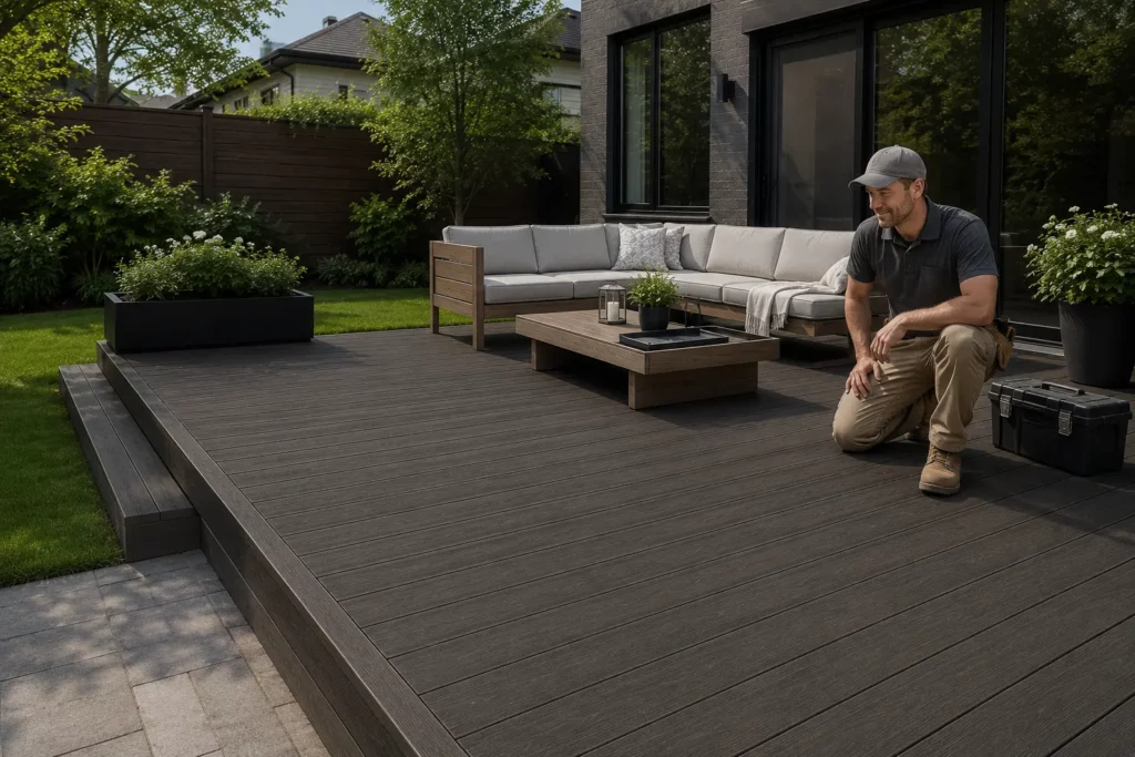 A contractor reviewing a finished composite deck in a Canadian backyard, showing how materials, fasteners, base preparation, and labor all contribute to the full decking cost breakdown.