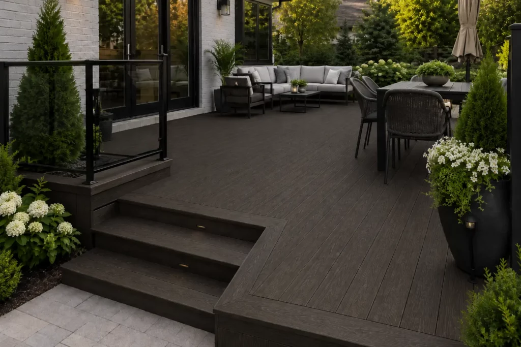 A finished composite deck with stairs, railing, edge details, and outdoor furniture, showing how installation complexity and finishing details can affect labor planning.