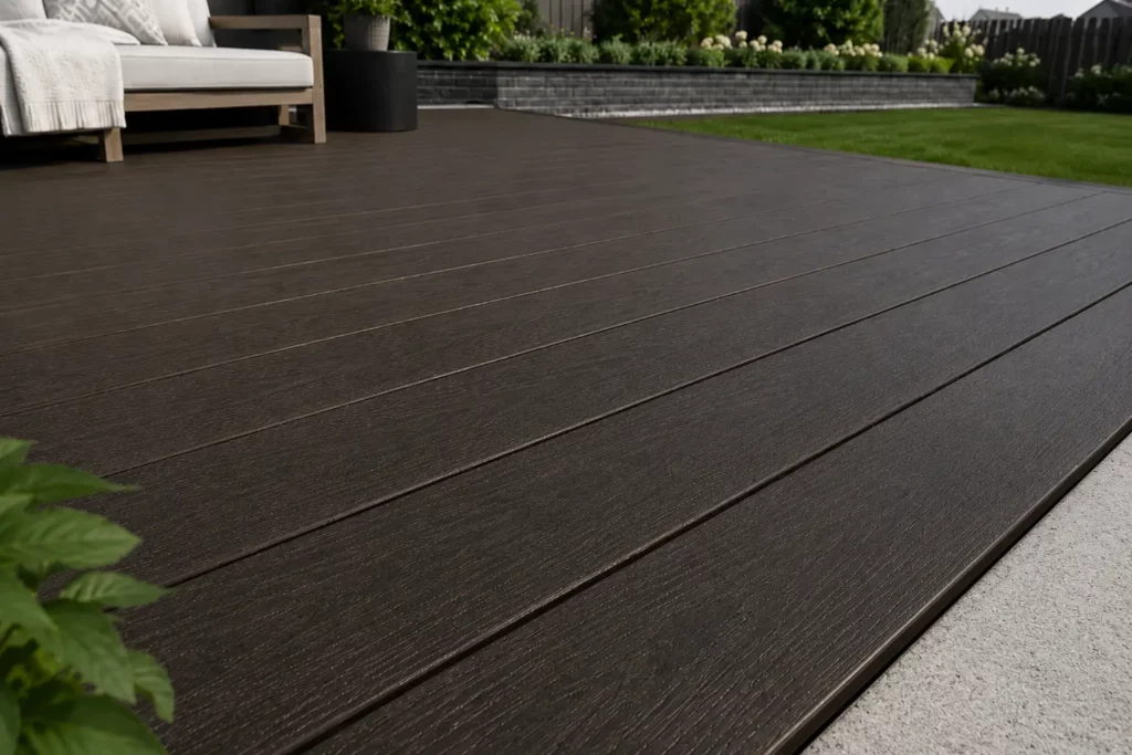 A close-up view of dark composite decking boards in a modern backyard, highlighting board texture, surface finish, and long-term outdoor performance.