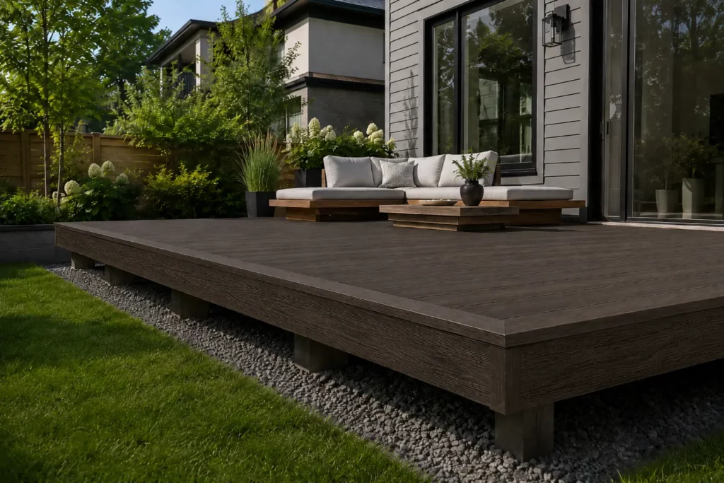 A raised composite deck with visible support posts and stone drainage below, showing how base preparation and substructure design support long-term deck stability in Canada.