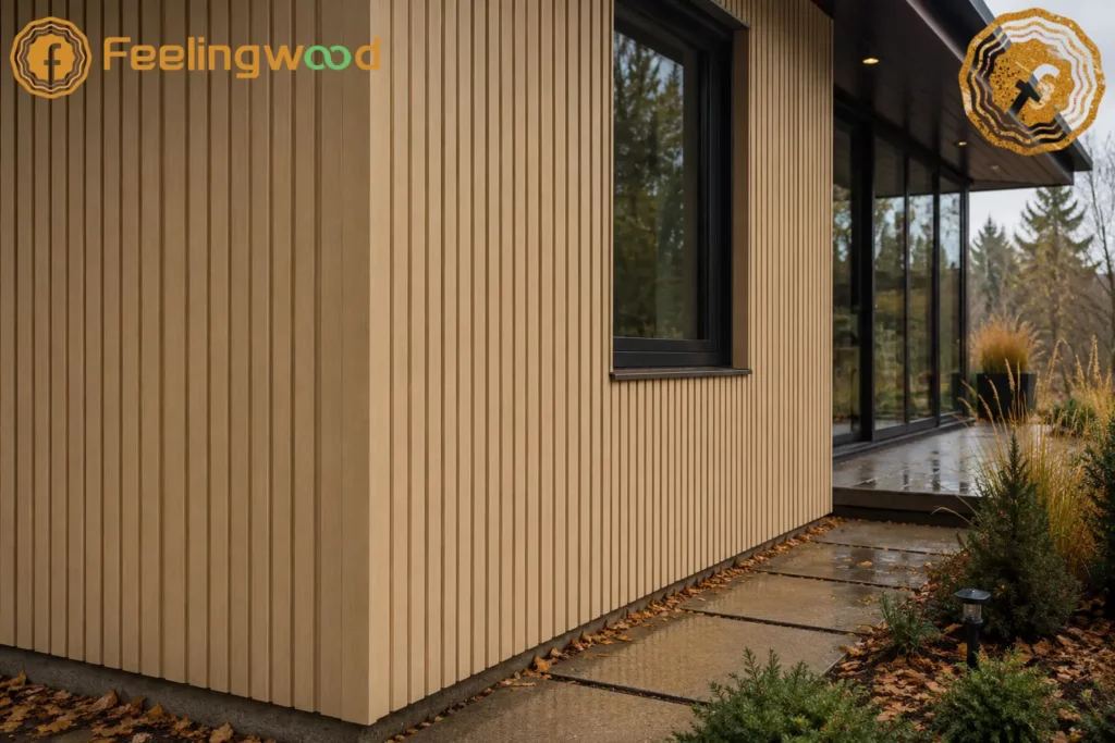 FeelingWood Beige WPC fluted cladding on a modern home exterior with black-framed windows and landscaped walkway.