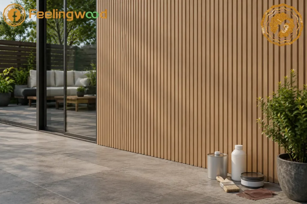 FeelingWood Beige WPC fluted cladding on a modern patio wall, showing that wood-staining and repainting tools are not required for routine maintenance.