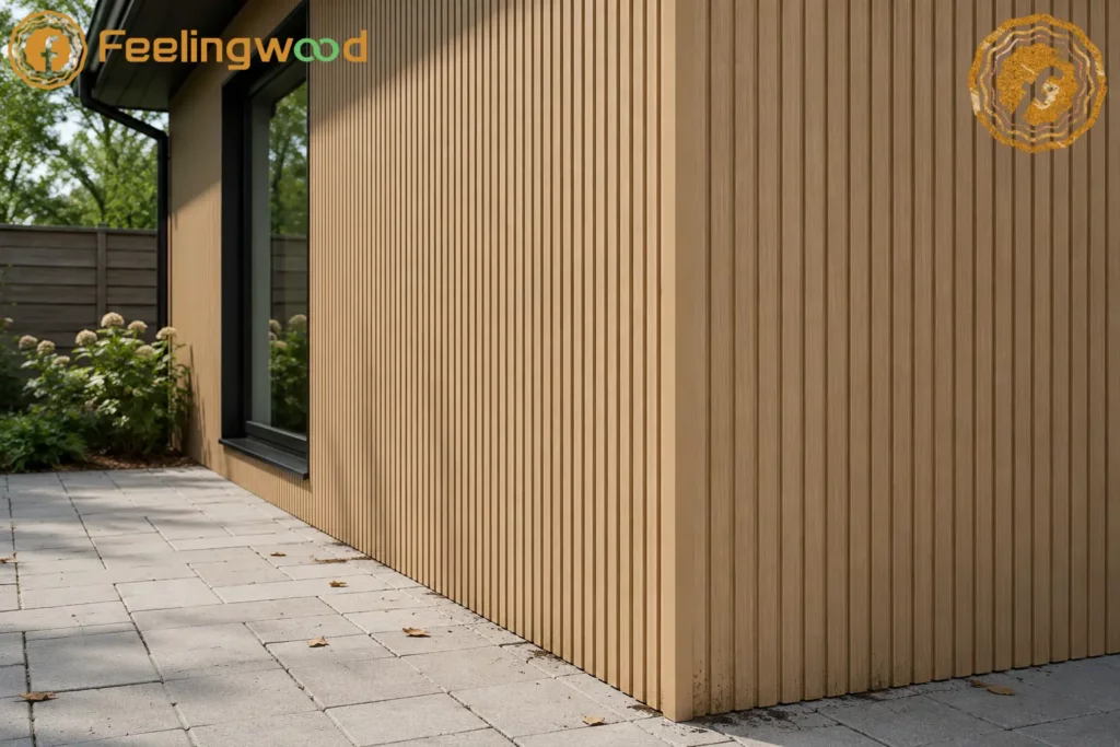 FeelingWood Beige WPC fluted cladding on a modern home exterior with light seasonal debris and dirt near the wall base.