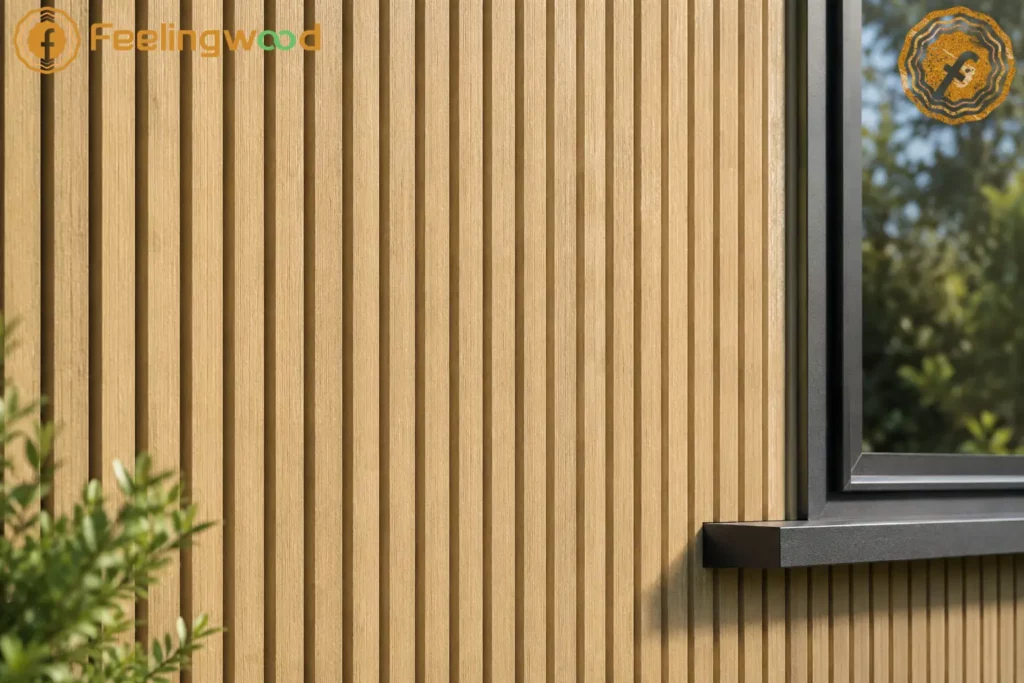 FeelingWood Beige WPC fluted cladding installed on a modern exterior wall beside a black-framed window.