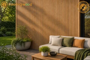 FeelingWood Golden Teak WPC fluted cladding on a modern outdoor patio wall with sofa, greenery, and warm natural light.
