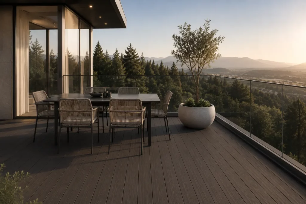 Modern mountain-view terrace with FeelingWood Walnut composite decking, glass railing, outdoor dining area, and a refined residential outdoor living atmosphere.