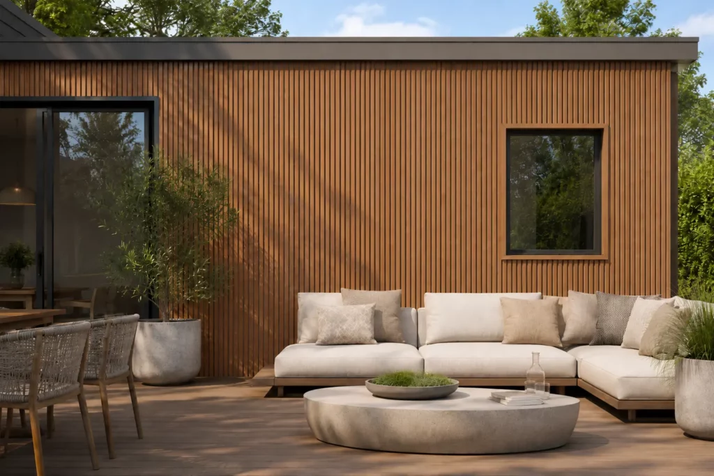 Modern Canadian patio wall with warm vertical WPC cladding, showing a clean wood-look exterior finish for long-term value and low-maintenance outdoor living.