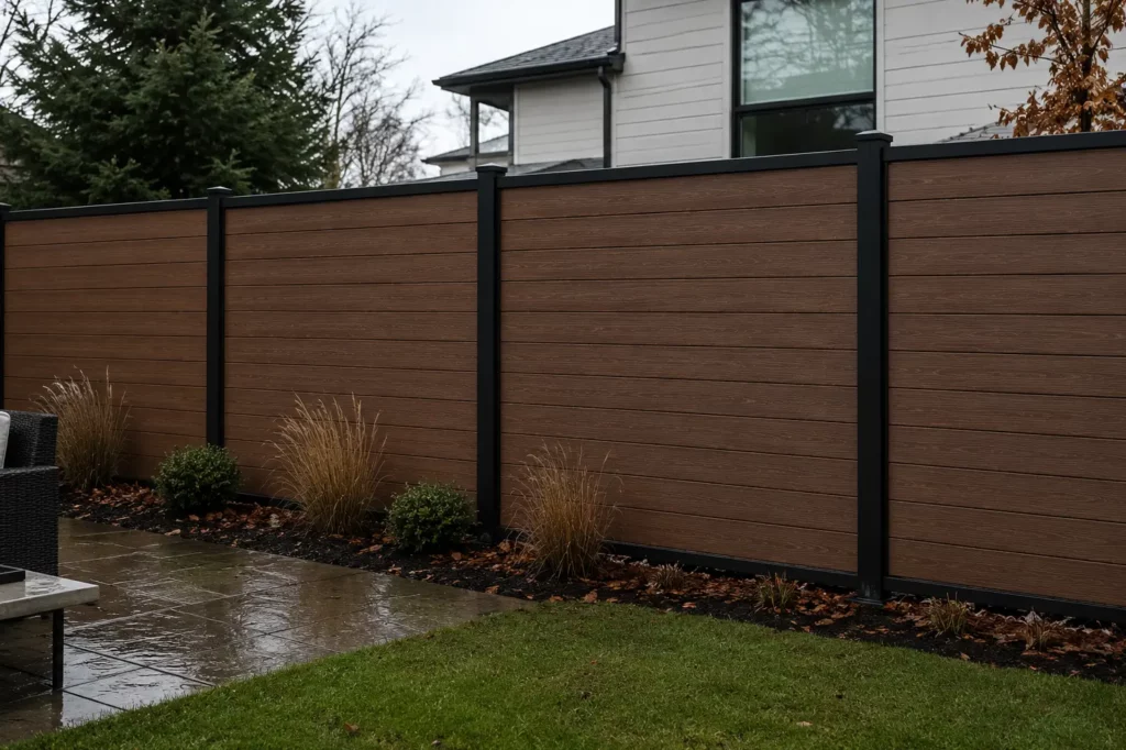 WPC privacy fence in a Canadian backyard after rain, showing how moisture and seasonal weather affect long-term fence performance.
