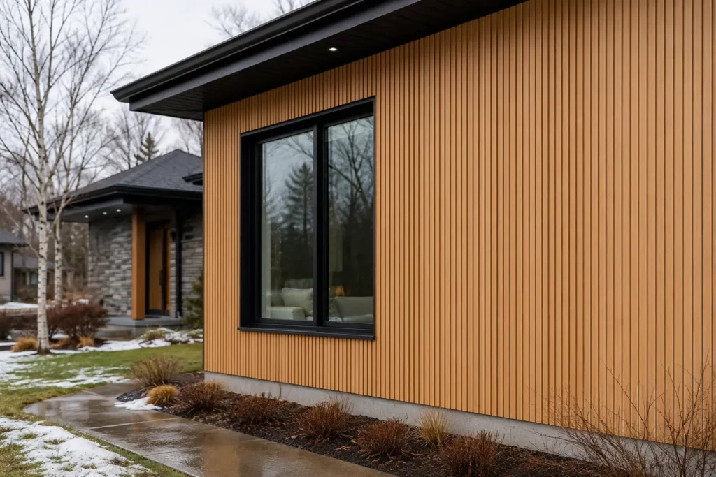 Modern Canadian home with vertical WPC cladding in a wet winter setting, showing a wood-look exterior designed for long-term weather exposure.