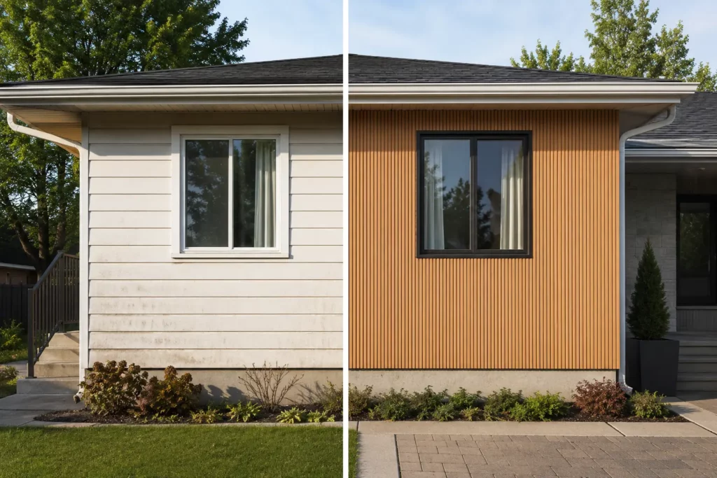 Before and after Canadian home exterior renovation comparing older siding with warm vertical WPC cladding for long-term value.