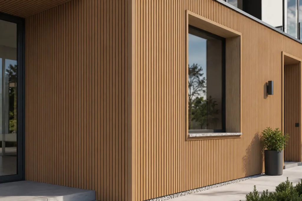 Modern Canadian home exterior with vertical WPC cladding, window trim, corner finishing, and clean installation details that affect project cost.