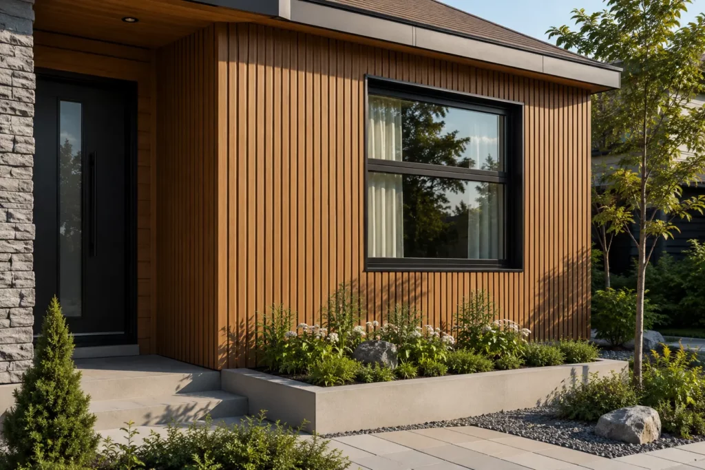 Modern Canadian home entry wall with warm vertical WPC cladding, black-framed window, and landscaping, showing curb appeal and long-term exterior investment.