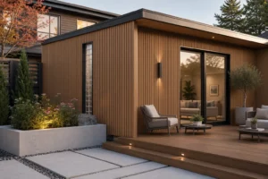 Modern Canadian exterior with vertical WPC cladding, coordinated decking, finished corners, lighting, and landscaping for a complete home upgrade.
