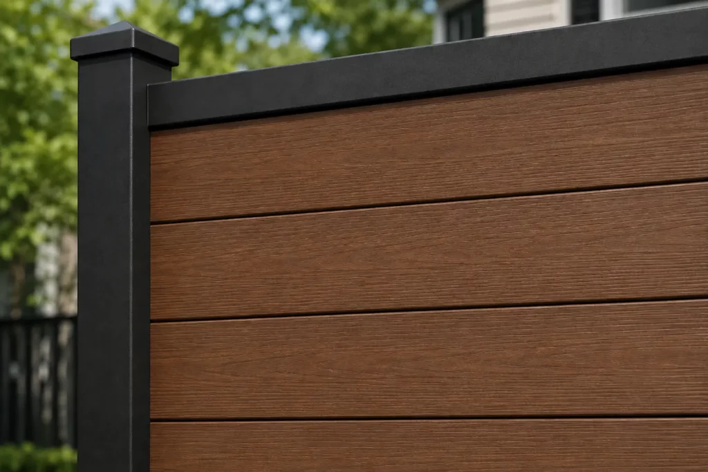 Close-up of WPC fence boards with wood-grain texture and black posts, showing board structure and surface finish for long-term durability.