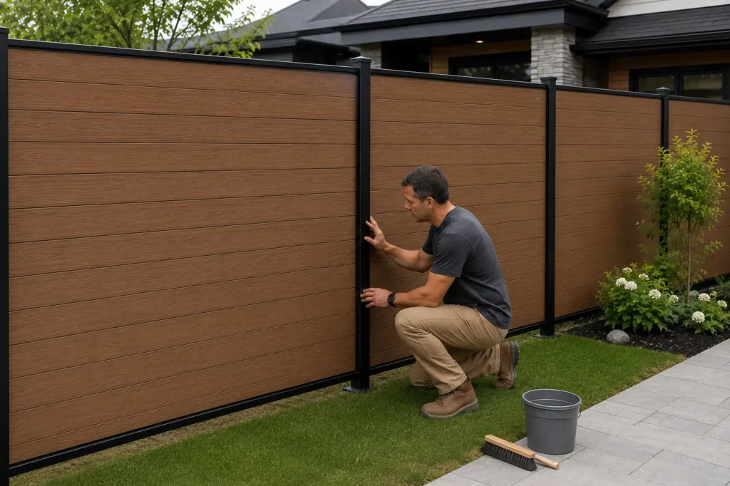 Homeowner inspecting a WPC privacy fence in a Canadian backyard to decide whether cleaning, repair, refresh, or replacement is needed.