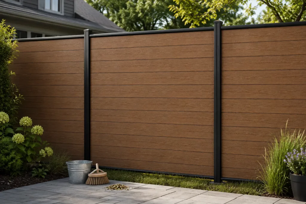 WPC privacy fence with a brush, bucket, and light yard debris, showing simple maintenance habits that help delay fence replacement.