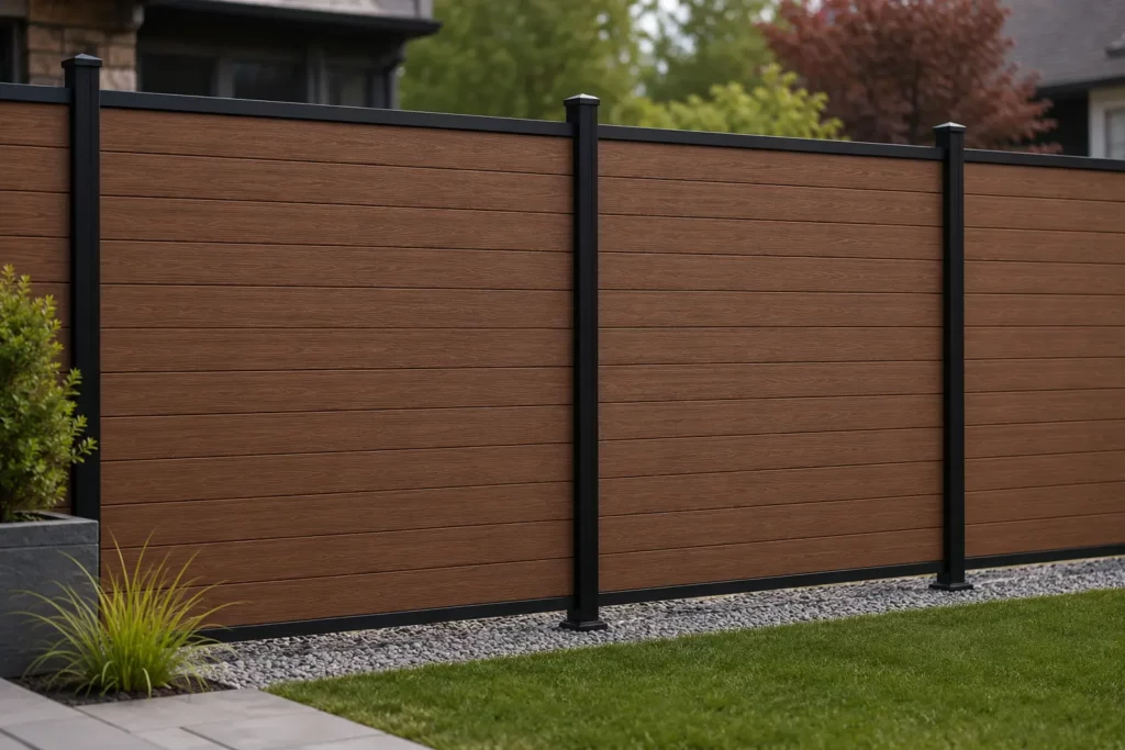 WPC privacy fence with aligned black posts and a gravel drainage base, showing installation details that support long-term fence stability.